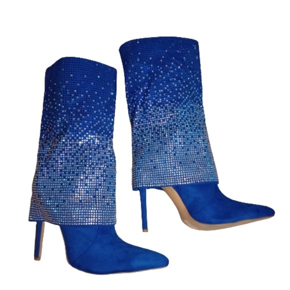Vivianly Womens Pointed Toe Stiletto Heel Rhinestones Mid-Calf Boots Size 9 Blue - Picture 1 of 10